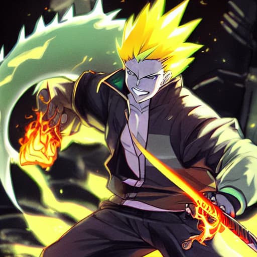  A cool guy with spiky yellow hair with energy flowing around him. Tremendous energy flowing from him and he looks cool and is holding his sick katana.It should be not at all realistic and more like anime. His outfit is magnificent. his fire breathing dragon behind him.