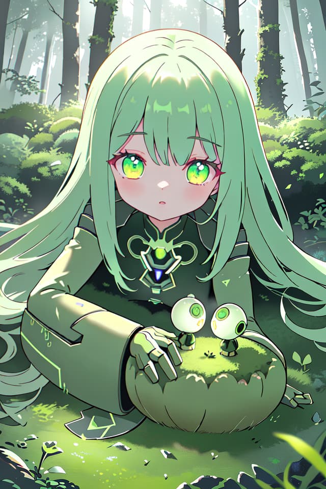  ((Mossy robot, broken robot girl lying in the forest, Half Closed Narrow Eyes)), sprout, Green Hair 1 Girl, (Absurdress, masterpiece, ultimate quality), official art, aesthetic, (diffusion lighting, environment) Lighting), detailed skin texture, best shadow, very detail, colorful, 8k Wallpaper, Raw Photoristic Detailed, Dutch Angle, 💩, 💩, 💩, hyperrealistic, full body, detailed clothing, highly detailed, cinematic lighting, stunningly beautiful, intricate, sharp focus, f/1. 8, 85mm, (centered image composition), (professionally color graded), ((bright soft diffused light)), volumetric fog, trending on instagram, trending on tumblr, HDR 4K, 8K