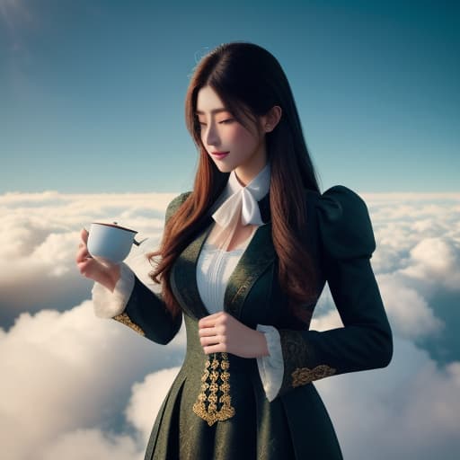  drinking tea above the clouds hyperrealistic, full body, detailed clothing, highly detailed, cinematic lighting, stunningly beautiful, intricate, sharp focus, f/1. 8, 85mm, (centered image composition), (professionally color graded), ((bright soft diffused light)), volumetric fog, trending on instagram, trending on tumblr, HDR 4K, 8K
