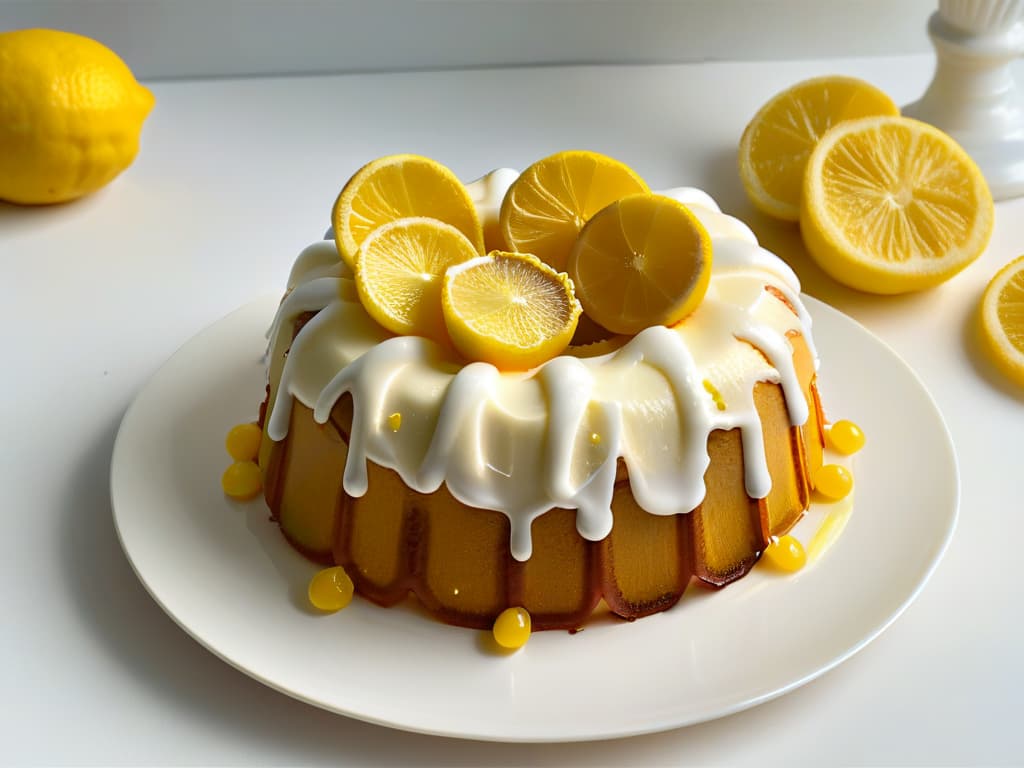  A closeup, ultradetailed image of a perfectly glazed miniature lemon bundt cake, adorned with delicate candied lemon slices and a sprinkle of powdered sugar, set on a sleek, modern white plate. The glaze on the cake glistens under soft lighting, showcasing the intricate details of the cake's texture and the glossy finish of the glaze. The background is a subtle gradient that fades from a gentle pastel yellow to a soft cream color, emphasizing the elegance and simplicity of the dessert. hyperrealistic, full body, detailed clothing, highly detailed, cinematic lighting, stunningly beautiful, intricate, sharp focus, f/1. 8, 85mm, (centered image composition), (professionally color graded), ((bright soft diffused light)), volumetric fog, trending on instagram, trending on tumblr, HDR 4K, 8K