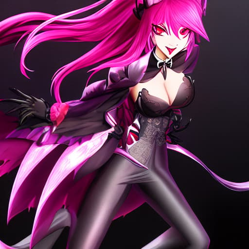  girl with dark pink hair and pink eyes smiling showing fangs in Hazbin hotel hyperrealistic, full body, detailed clothing, highly detailed, cinematic lighting, stunningly beautiful, intricate, sharp focus, f/1. 8, 85mm, (centered image composition), (professionally color graded), ((bright soft diffused light)), volumetric fog, trending on instagram, trending on tumblr, HDR 4K, 8K