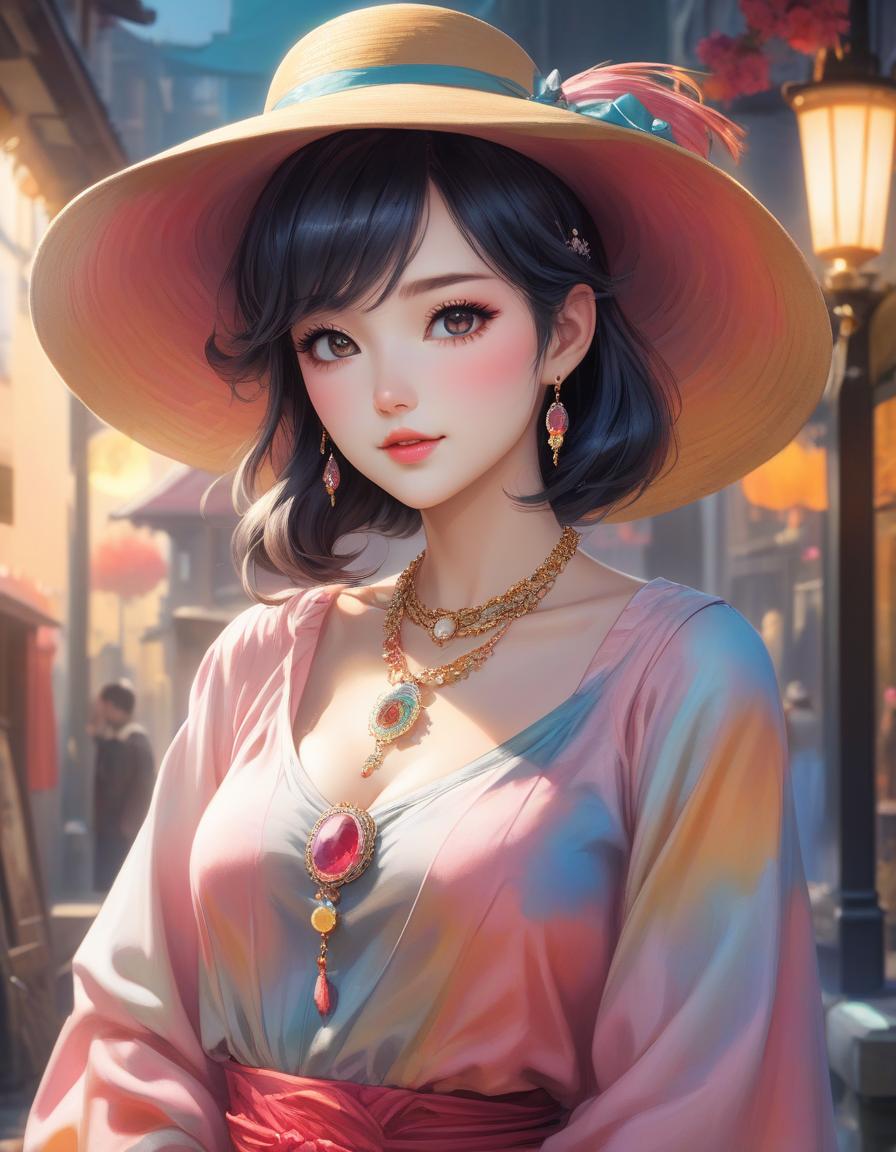  kawaii style painting of a woman wearing a hat with a necklace, exquisite digital illustration, elegante pintura digital, linda pintura de persona gem, beautiful digital illustration, estilo de pintura digital, linda pintura digital, linda arte digital, no estilo aquarela, pintura linda, no art style by bowater, a beautiful art illustration, no estilo de aquarela digital, with ink blots and paint running down the screen . cute, adorable, brightly colored, cheerful, anime influence, highly detailed hyperrealistic, full body, detailed clothing, highly detailed, cinematic lighting, stunningly beautiful, intricate, sharp focus, f/1. 8, 85mm, (centered image composition), (professionally color graded), ((bright soft diffused light)), volumetric fog, trending on instagram, trending on tumblr, HDR 4K, 8K