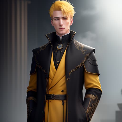  On the image, there is one young man. He stands at full height. He has yellow hair. He has blue eyes. He wears a black long coat with yellow inserts. hyperrealistic, full body, detailed clothing, highly detailed, cinematic lighting, stunningly beautiful, intricate, sharp focus, f/1. 8, 85mm, (centered image composition), (professionally color graded), ((bright soft diffused light)), volumetric fog, trending on instagram, trending on tumblr, HDR 4K, 8K