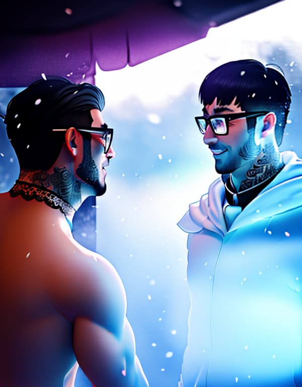  tattooed brothers with yellow glasses and white lace socks are taking a bath in snow，gay，Asian，Asiatic，Asian，Asian， portrait, happy colors, bright eyes, clear eyes, warm smile, smooth soft skin，symmetrical, anime wide eyes，big bulge， huge pectorales, naked whole body <lora:hinata-hyuuga-lora:1> hyperrealistic, full body, detailed clothing, highly detailed, cinematic lighting, stunningly beautiful, intricate, sharp focus, f/1. 8, 85mm, (centered image composition), (professionally color graded), ((bright soft diffused light)), volumetric fog, trending on instagram, trending on tumblr, HDR 4K, 8K