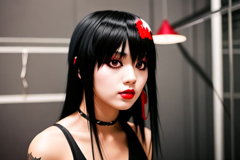  A with black hair and looks shady who looks like a is emo sitting in a room that's black with blood on the floor and chains hanging off the wall like in a horror movie with blood dripping off of her hand