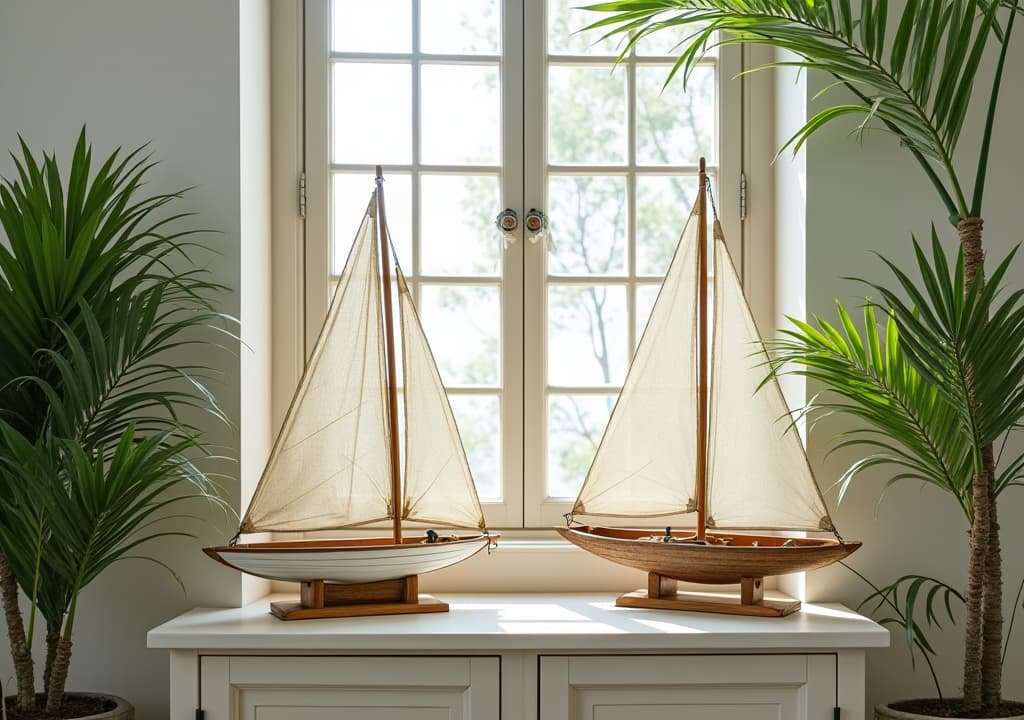  good quality, high quality, a serene display of decorative sailboats and lush plants, creating a peaceful coastal ambiance for interior decor.