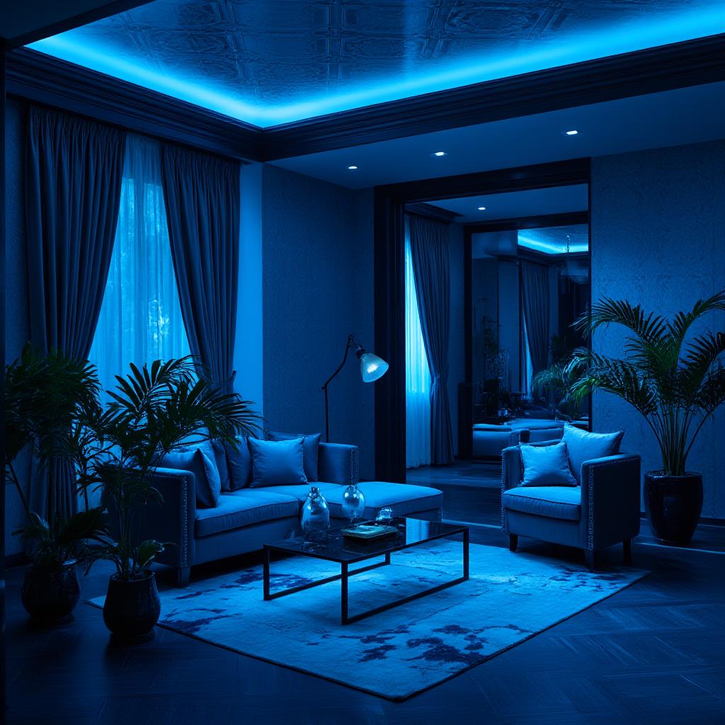  good quality, high quality, capture an unedited 8k photograph styled after mario testino, featuring a sharp, hyperrealistic, and highly detailed view of a living room designed in the art deco style, marked by 1920s 30s geometric patterns and luxury materials. the image introduces a vibrant blue effect (rgb color value for blue), professionally color graded with bright, soft diffused light, and shot using a 100mm f/2.8 telephoto lens under nocturnal lighting. this image, reminiscent of a mystery movie, employs cinestill 800t film grain to enhance a nostalgic style, drawing inspiration from past decades with vintage color schemes and dense, intricately blurred backgrounds that amplify the scene's stunning beauty.