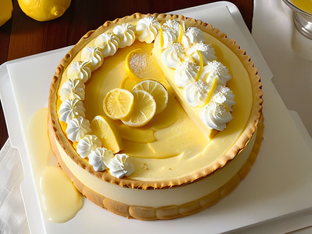  A closeup, ultradetailed image of a perfectly goldenbrown tart crust filled with a luscious lemon cheesecake mixture, topped with a delicate swirl of whipped cream and a sprinkle of zested lemon peel. The glistening surface of the cheesecake reflects the soft ambient lighting, highlighting the smooth texture and inviting layers of flavor in this gourmet lemon cheesecake tart. hyperrealistic, full body, detailed clothing, highly detailed, cinematic lighting, stunningly beautiful, intricate, sharp focus, f/1. 8, 85mm, (centered image composition), (professionally color graded), ((bright soft diffused light)), volumetric fog, trending on instagram, trending on tumblr, HDR 4K, 8K