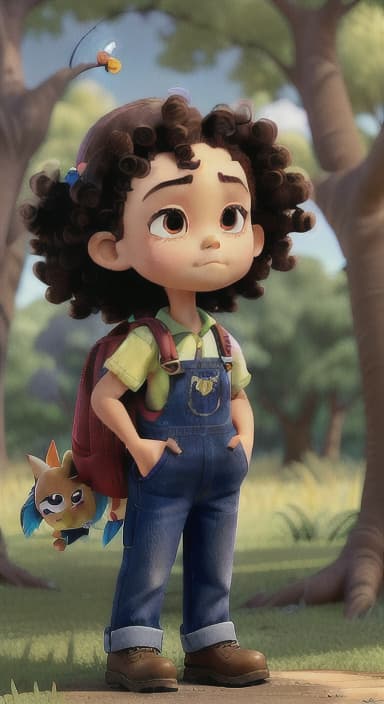  {Riley standing under the tree with eyes closed, making the wish., Riley, a curious with big brown eyes and curly hair, wearing overalls and carrying a small backpack. Their friend, Skye, a bluebird with shiny feathers.