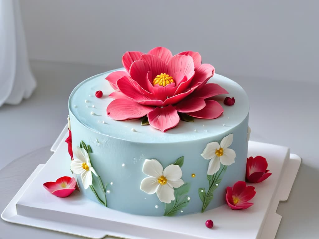  An ultradetailed closeup image of a delicate, intricately designed sugar flower resting on a smooth, glossy fondant cake. The flower showcases vibrant shades of pink and white, with each petal and stamen meticulously crafted to perfection, exuding an air of sophistication and artistry. The flawless finish of the cake layers adds to the overall elegance of the image, highlighting the precision and skill required to master such innovative pastry techniques. hyperrealistic, full body, detailed clothing, highly detailed, cinematic lighting, stunningly beautiful, intricate, sharp focus, f/1. 8, 85mm, (centered image composition), (professionally color graded), ((bright soft diffused light)), volumetric fog, trending on instagram, trending on tumblr, HDR 4K, 8K