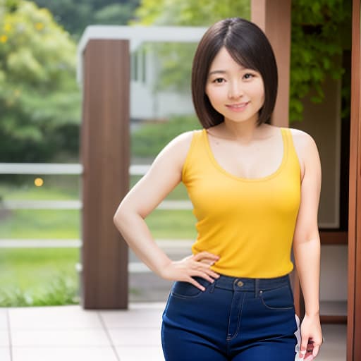  asian female, 40's, healthy, slight smile,  standing,