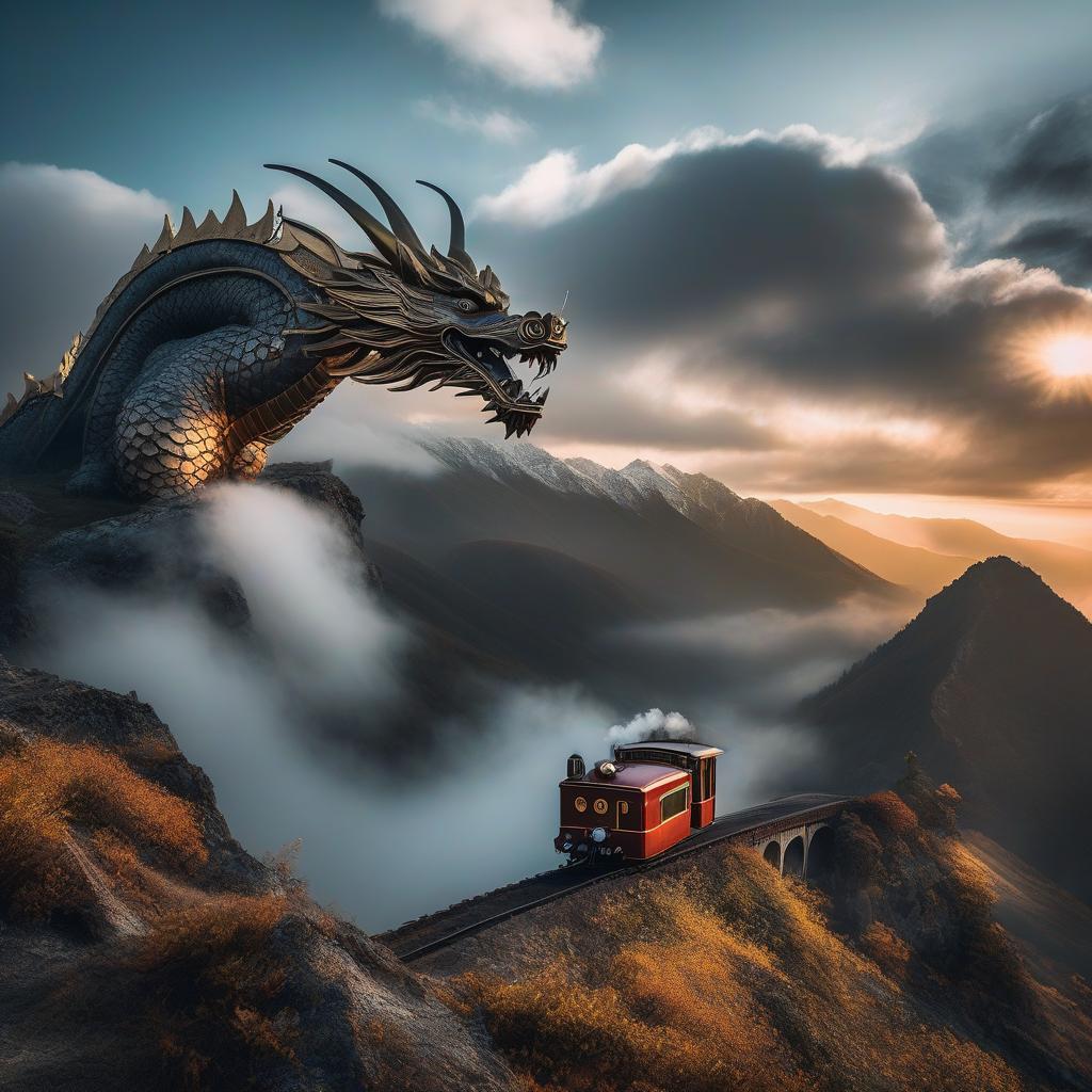  Technofuturism, hovering over mountains a mechanized Chinese dragon on a steam engine, steampunk, futuristic style, cybernetics futurism. hyperrealistic, full body, detailed clothing, highly detailed, cinematic lighting, stunningly beautiful, intricate, sharp focus, f/1. 8, 85mm, (centered image composition), (professionally color graded), ((bright soft diffused light)), volumetric fog, trending on instagram, trending on tumblr, HDR 4K, 8K