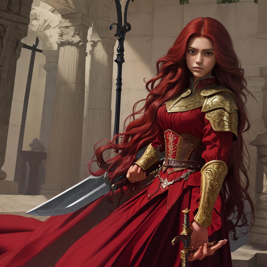  masterpiece, best quality, beutiful mexican very dark brown skin lady with long red hair and a sword in her hands.and also ful red clothes. with a bit wavy hair.