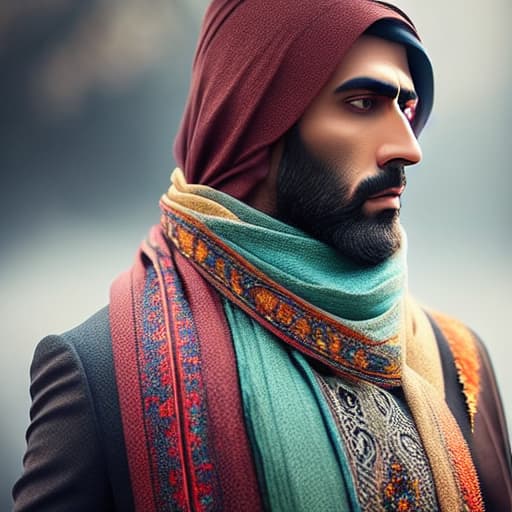  Iranian scarf with birds hyperrealistic, full body, detailed clothing, highly detailed, cinematic lighting, stunningly beautiful, intricate, sharp focus, f/1. 8, 85mm, (centered image composition), (professionally color graded), ((bright soft diffused light)), volumetric fog, trending on instagram, trending on tumblr, HDR 4K, 8K