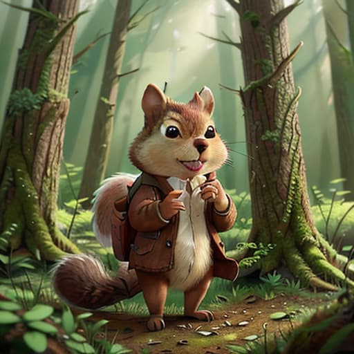  old squirrel (wearing clothes)in forest Enchanted Forests hyperrealistic, full body, detailed clothing, highly detailed, cinematic lighting, stunningly beautiful, intricate, sharp focus, f/1. 8, 85mm, (centered image composition), (professionally color graded), ((bright soft diffused light)), volumetric fog, trending on instagram, trending on tumblr, HDR 4K, 8K