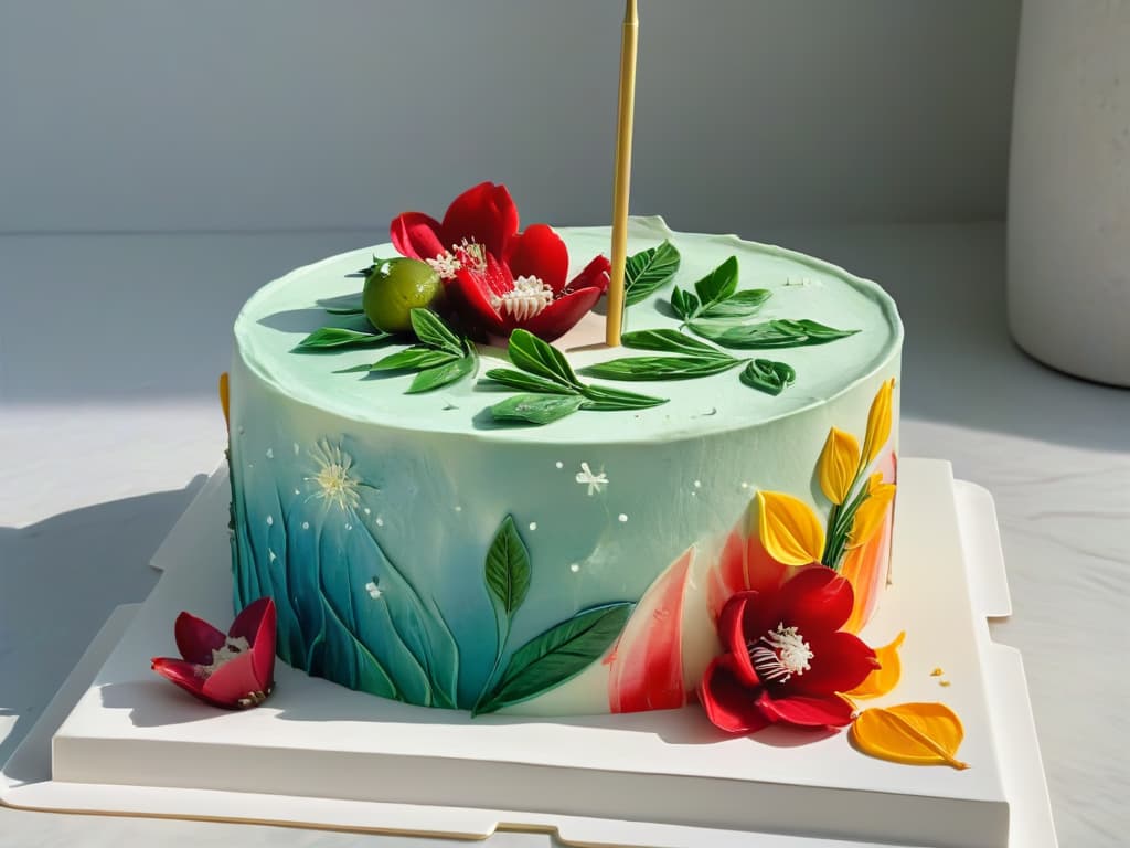  An ultradetailed closeup image of a delicate, handpainted watercolor cake masterpiece showcasing intricate floral designs and vibrant colors. The cake is elegantly displayed on a clean, white marble surface, highlighting the meticulous brush strokes and artistic precision of the edible paint. Each petal and leaf is exquisitely detailed, creating a mesmerizing visual feast that embodies the fusion of art and culinary craftsmanship in the world of edible painting. hyperrealistic, full body, detailed clothing, highly detailed, cinematic lighting, stunningly beautiful, intricate, sharp focus, f/1. 8, 85mm, (centered image composition), (professionally color graded), ((bright soft diffused light)), volumetric fog, trending on instagram, trending on tumblr, HDR 4K, 8K