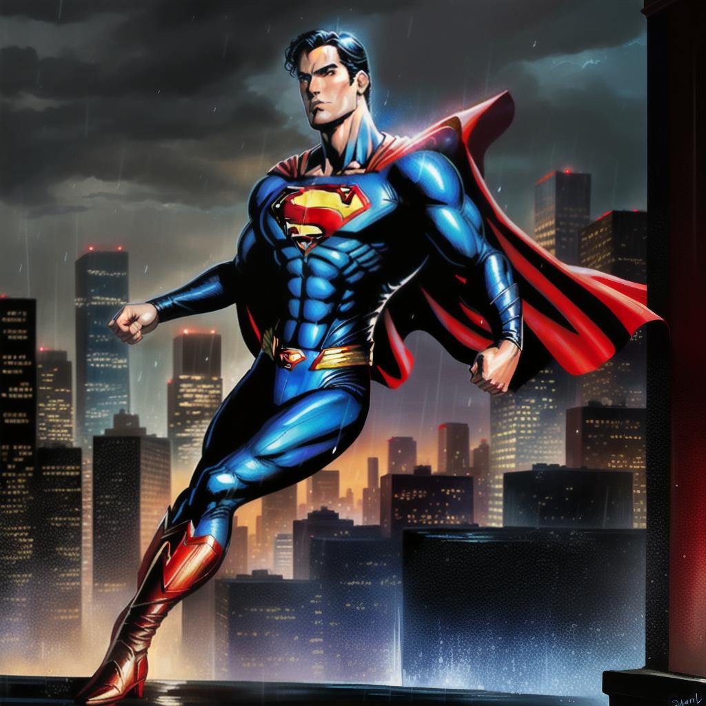  full body superman in a city background. Comic book style, highly detailed, sharp details, award winning, raining, oil painting