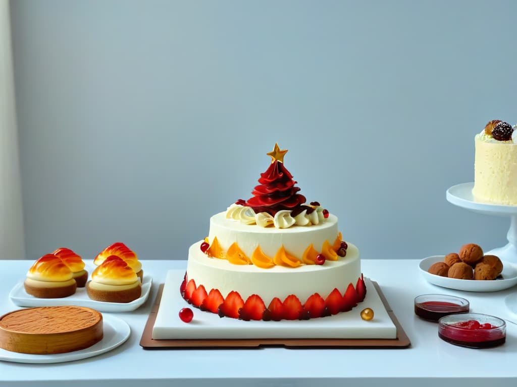  An ultradetailed, minimalist image of a festive Christmas dessert table featuring a variety of innovative and creatively presented desserts for Nochebuena. The table is elegantly decorated with subtle touches of holiday decor, showcasing a selection of modern, visually appealing desserts that exude sophistication and innovation. Each dessert is meticulously crafted and artistically arranged, creating a visually stunning and inspiring display of culinary creativity. hyperrealistic, full body, detailed clothing, highly detailed, cinematic lighting, stunningly beautiful, intricate, sharp focus, f/1. 8, 85mm, (centered image composition), (professionally color graded), ((bright soft diffused light)), volumetric fog, trending on instagram, trending on tumblr, HDR 4K, 8K