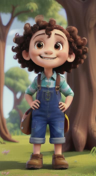  {The tree with a smiling face formed by its bark, looking down at Riley., Riley, a curious with big brown eyes and curly hair, wearing overalls and carrying a small backpack. Their friend, Skye, a bluebird with shiny feathers.