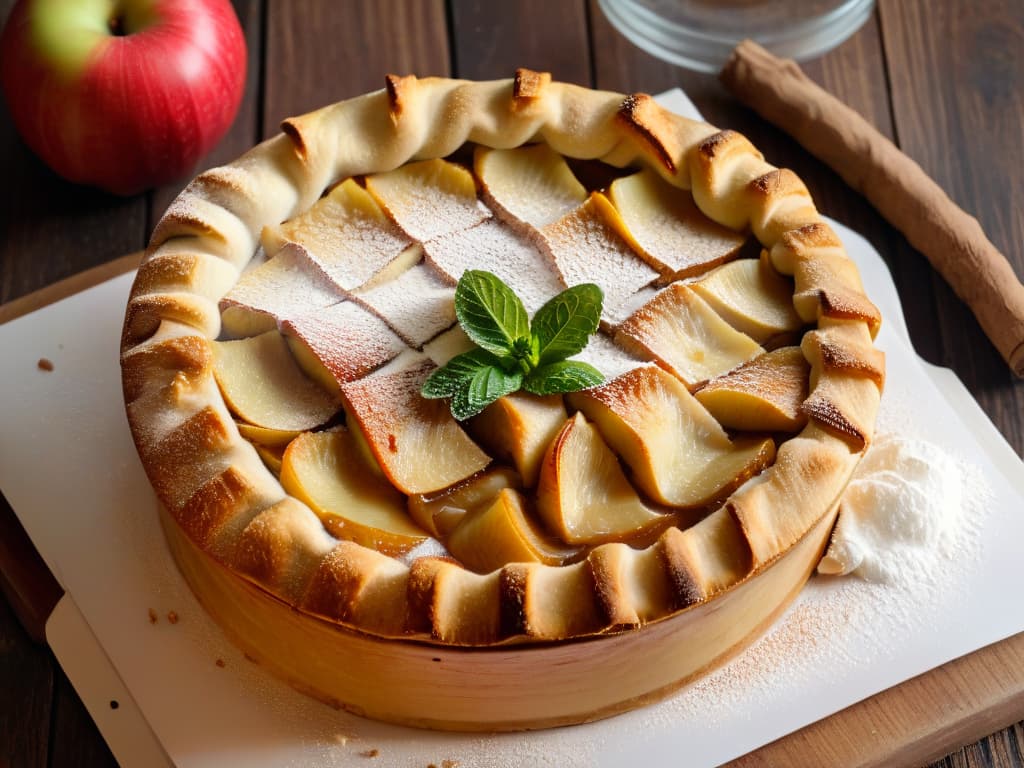  A closeup, highresolution image of a freshly baked apple pie sitting on a rustic wooden table, with a goldenbrown flaky crust and steam rising from the bubbling, cinnamoninfused apple filling. The pie is surrounded by a scattering of whole cinnamon sticks, dusted with powdered sugar, and garnished with a sprig of fresh mint leaves for a pop of color. The warm, inviting colors and textures evoke feelings of comfort, home, and the delicious aroma of homemade baking. hyperrealistic, full body, detailed clothing, highly detailed, cinematic lighting, stunningly beautiful, intricate, sharp focus, f/1. 8, 85mm, (centered image composition), (professionally color graded), ((bright soft diffused light)), volumetric fog, trending on instagram, trending on tumblr, HDR 4K, 8K