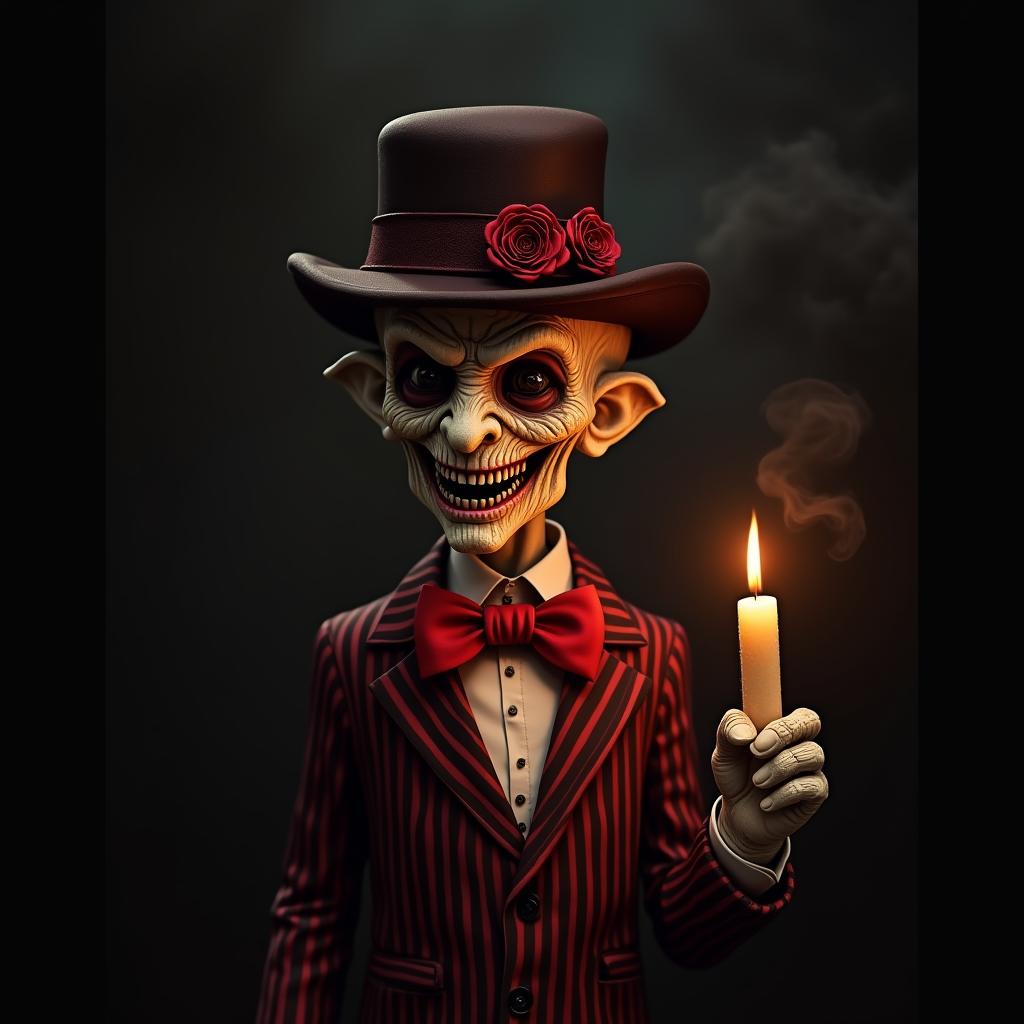  good quality, high quality, digital artwork featuring a sinister, freddy krueger figure with a highly detailed and textured face. the subject has pale, almost skeletal skin with deep set eyes and prominent cheekbones. the figure is wearing a dark brown top hat adorned with a red rose and intricate patterns. he is dressed in a striped suit with a large red bow tie and holds a lit candle in his right hand. the background is dark and smoky, adding to the eerie atmosphere