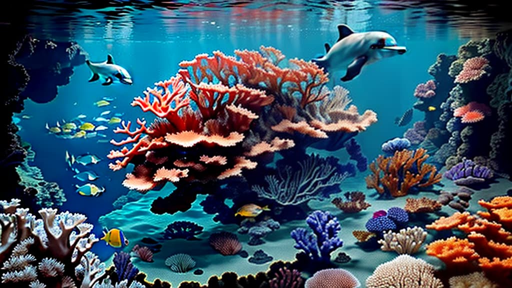  masterpiece, best quality, beautiful deep sea full of corals, diverse marine life and fascinating underwater landscapes with corals, appendages, small fish, anemones, dolphins, various algae, caves, colorful, 8k resolution and intricate detail