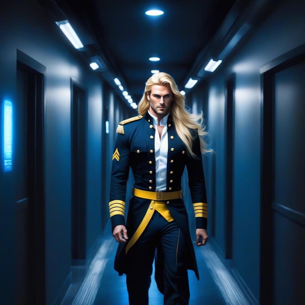  Realistically, a handsome Man a blonde, A man with fox ears, long hair, a man with yellow eyes, and wearing black military pants, walking down a corridor illuminated by blue spotlights, sharp focus, bright, clear eyes, well drawn details, bright, vivid eyes, beautiful portrait illustration, portrait in the style of fantasy, blue and white flashes, bright colors, bright eyes, fantastic art, intricate design, highly detailed, clear focus, 8k, high resolution, elegant. hyperrealistic, full body, detailed clothing, highly detailed, cinematic lighting, stunningly beautiful, intricate, sharp focus, f/1. 8, 85mm, (centered image composition), (professionally color graded), ((bright soft diffused light)), volumetric fog, trending on instagram, trending on tumblr, HDR 4K, 8K