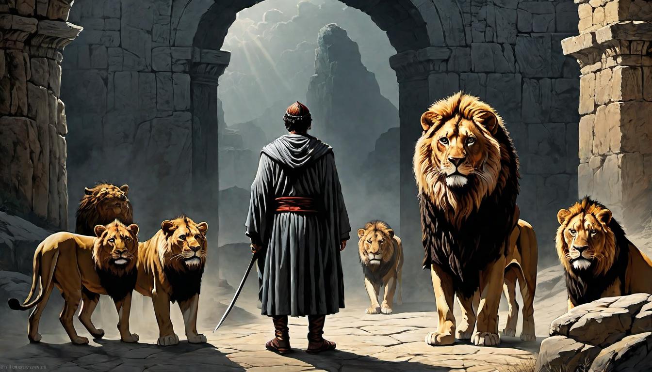  （surrealism)Courageous figure resembling Daniel, standing amidst aggressive lions, dressed in ancient robes, defiant and calm, dimly lit den with shadows and stone walls, sense of faith and fearlessness mystic, intricate details, best quality)