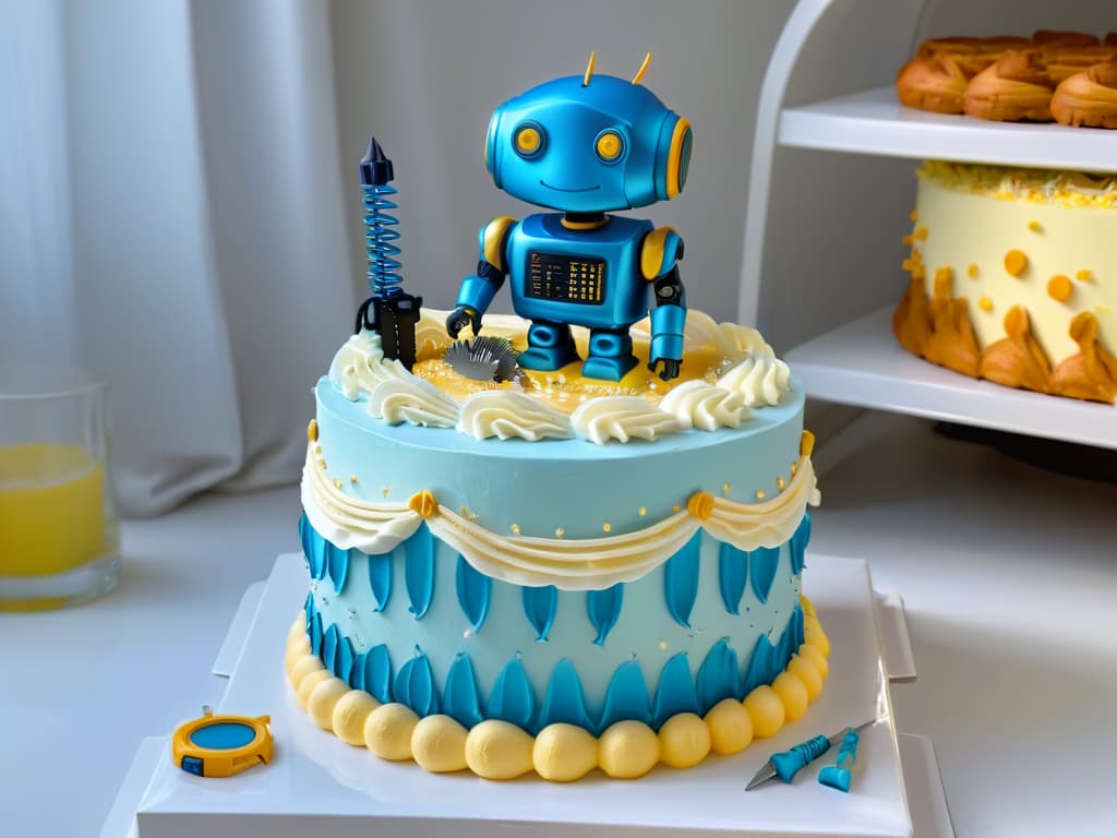  A photorealistic image of a sleek, futuristic robot intricately decorating a cake with precision and speed. The robot's metallic arms are adorned with various tools like piping bags and fondant cutters, while its glowing digital display shows intricate cake designs being created in realtime. The backdrop features a professional bakery setting with shelves of beautifully decorated cakes, adding to the inspiration and professionalism of the scene. hyperrealistic, full body, detailed clothing, highly detailed, cinematic lighting, stunningly beautiful, intricate, sharp focus, f/1. 8, 85mm, (centered image composition), (professionally color graded), ((bright soft diffused light)), volumetric fog, trending on instagram, trending on tumblr, HDR 4K, 8K