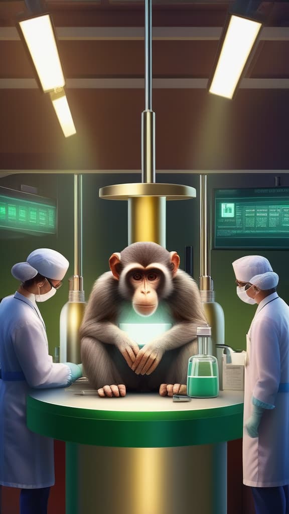  Some doctors experimenting on a monkey with a dangerous chemical injection in a hospital, ((masterpiece)), best quality, very detailed, high resolution, sharp, sharp image, extremely detailed, 4k, 8k