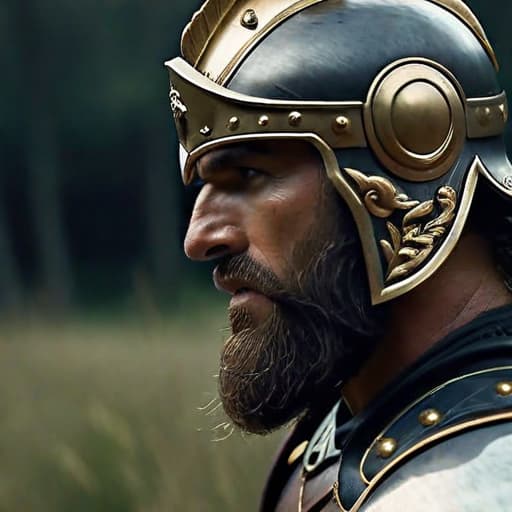  Side View of a Roman Warrior wearing a shield on his back,Overgrown,mystic,ethereal,darkness,muscular,spartan,more impressive beard,extreme detailed and ornamented armor,black armor,gold ornament, atmospheric haze,Film grain,cinematic film still,shallow depth of field,highly detailed,high budget,cinemascope,moody,epic,OverallDetail,2000s vintage RAW photo,photorealistic,candid camera,color graded cinematic,eye catchlights,atmospheric lighting,imperfections,natural,shallow dof,dynamic angle,full body,<lora:RMSDXL Darkness Cinema:0.8>,<lora:RMSDXL Enhance:0.8>,, high resolution,extreme detail hyperrealistic, full body, detailed clothing, highly detailed, cinematic lighting, stunningly beautiful, intricate, sharp focus, f/1. 8, 85mm, (centered image composition), (professionally color graded), ((bright soft diffused light)), volumetric fog, trending on instagram, trending on tumblr, HDR 4K, 8K