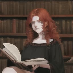  A red-haired  with curly mid-back hair, honey-colored eyes, with freckles 
Dressed in black,
The  is in a bat with lots of shelves of old books, there wasn't much light, only the one that came from the  candle the  had,
She's sitting on the floor reading a, big book apparently about spells, 
She has a very serious expression