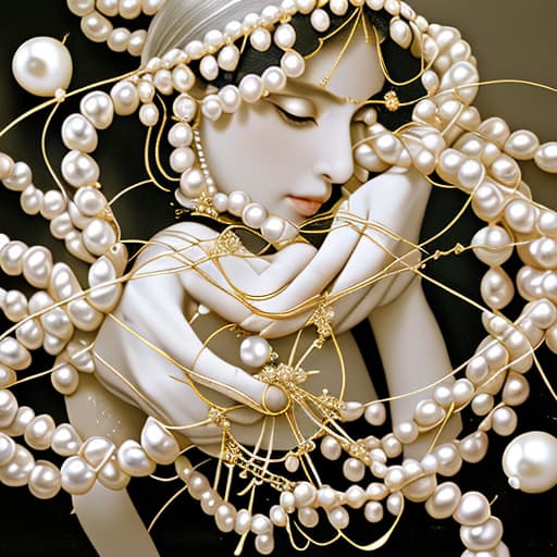  Lots of pearls in my hand and around of picture are, gold wire, black and white pearls, scissor, tape measure and ribbons Translate Persian