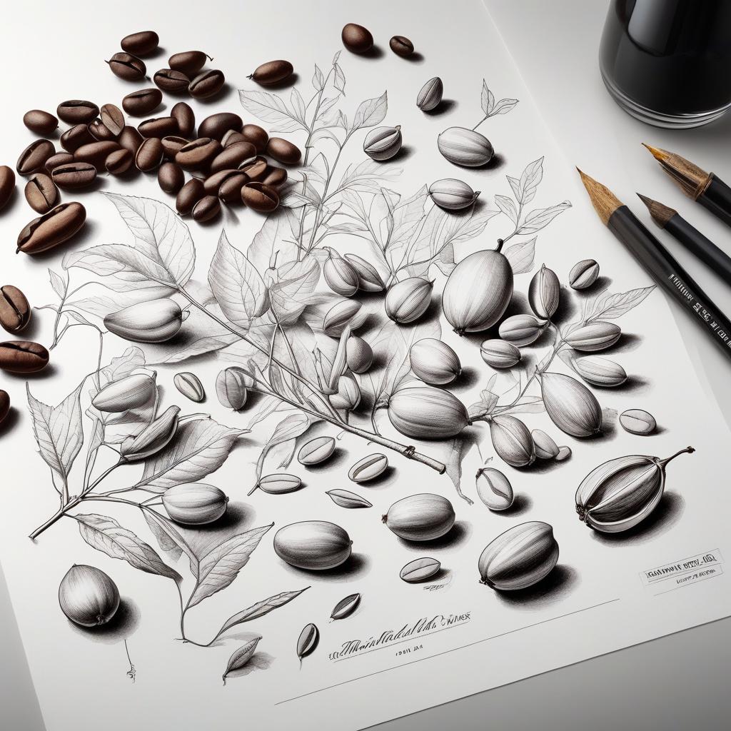  A seed still life, with beans, a loose hand drawn sketch, lines written in black ink on a white background, simple shapes. hyperrealistic, full body, detailed clothing, highly detailed, cinematic lighting, stunningly beautiful, intricate, sharp focus, f/1. 8, 85mm, (centered image composition), (professionally color graded), ((bright soft diffused light)), volumetric fog, trending on instagram, trending on tumblr, HDR 4K, 8K