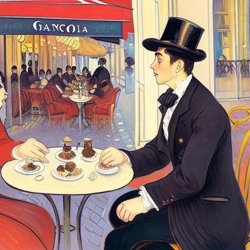  attractive young Parisian couple dressed in modern designer outfits who are romantically together in Paris. Foreground a small plate of fine dark chocolates on a bedside table. Background dusk with a light of the outdoor cafe street scene. Painting style of Henri de Toulouse-Lautrec