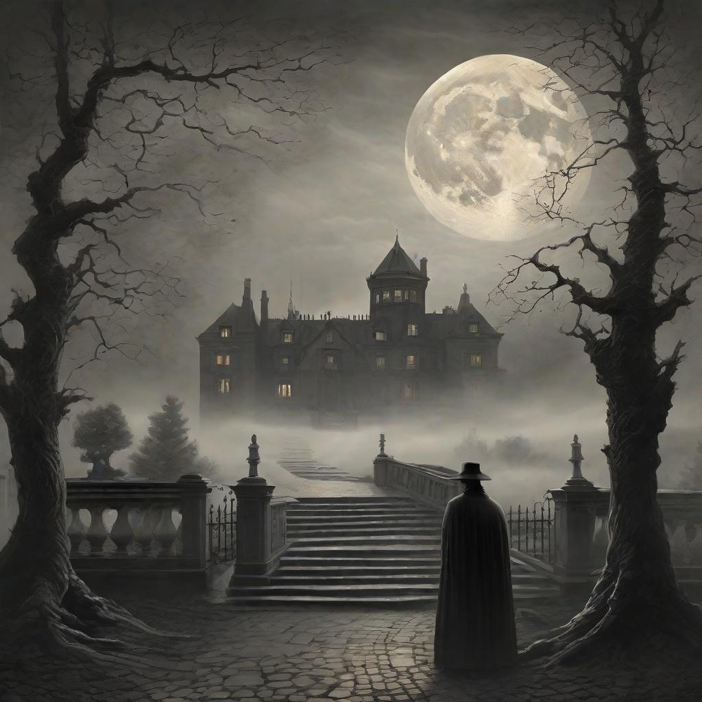  masterpiece, best quality, Imagine a solitary figure standing amidst swirling mist, gazing towards an ancient, shadowy mansion. The moon casts an eerie glow, illuminating secrets hidden within its walls. Capture the sense of mystery and suspense that permeates 'Whispers in the Darkness