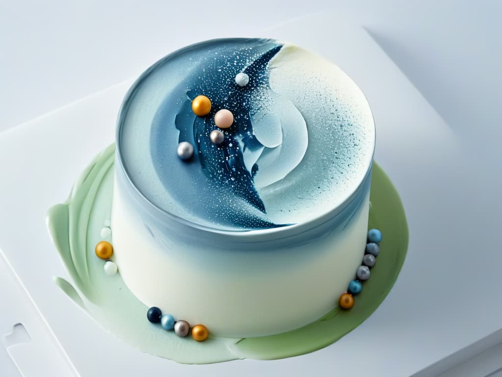  An ultradetailed closeup image of a creamy mousse with a glossy, mirrorlike surface, showcasing intricate molecular patterns formed by the texture. The mousse is delicately garnished with tiny spheres of various colors, reflecting light in a mesmerizing way. The focus is on the delicate textures and molecular structures, emphasizing the innovative techniques used in creating this unforgettable dessert. hyperrealistic, full body, detailed clothing, highly detailed, cinematic lighting, stunningly beautiful, intricate, sharp focus, f/1. 8, 85mm, (centered image composition), (professionally color graded), ((bright soft diffused light)), volumetric fog, trending on instagram, trending on tumblr, HDR 4K, 8K