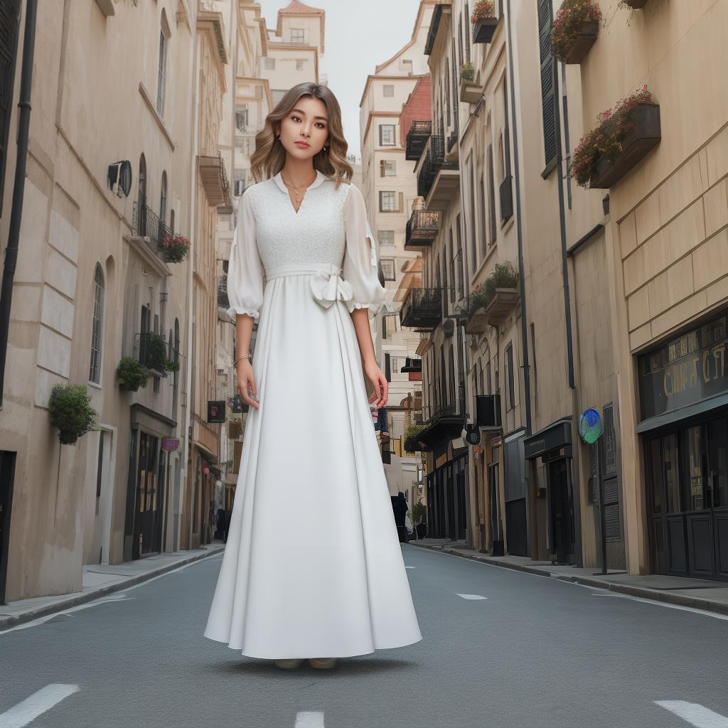  masterpiece, best quality, create a portrait of a tan valley in a white dress standing in a city street