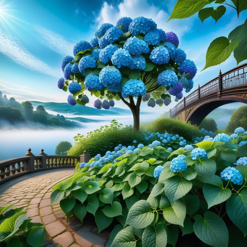  ethereal fantasy concept art of (Background) Summer day in the park. Arched openwork bridge. Under the bridge are hills with bushes of blue hydrangea. (In the foreground):::(flower description) Shrub shoots covered with large bright green leaves heart shaped, large inflorescence hydrangea ball shaped, the colour from sky blue to purple, hydrangea well tolerates winter cold. (fantasy style, landscape genre) . magnificent, celestial, ethereal, painterly, epic, majestic, magical, fantasy art, cover art, dreamy hyperrealistic, full body, detailed clothing, highly detailed, cinematic lighting, stunningly beautiful, intricate, sharp focus, f/1. 8, 85mm, (centered image composition), (professionally color graded), ((bright soft diffused light)), volumetric fog, trending on instagram, trending on tumblr, HDR 4K, 8K