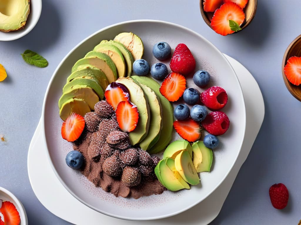  A minimalist image of a beautifully arranged platter of colorful plantbased protein desserts, featuring chia seed pudding topped with fresh berries, avocado chocolate mousse, and vegan protein balls garnished with coconut flakes and nuts. The desserts are elegantly presented on a sleek white porcelain plate against a soft grey backdrop, showcasing the vibrant colors and textures of the healthy treats. hyperrealistic, full body, detailed clothing, highly detailed, cinematic lighting, stunningly beautiful, intricate, sharp focus, f/1. 8, 85mm, (centered image composition), (professionally color graded), ((bright soft diffused light)), volumetric fog, trending on instagram, trending on tumblr, HDR 4K, 8K