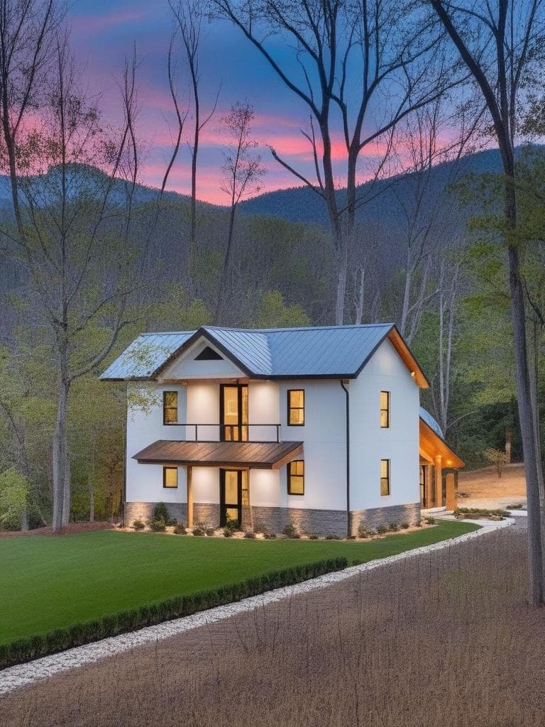 redesign the building exterior in a modern minimalist architectural style, featuring smooth white concrete walls, large glass windows, clean lines, and ambient exterior lighting. replace traditional design elements with sleek, contemporary finishes. keep the perspective and overall structure intact