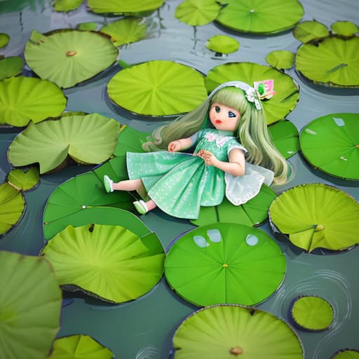  With lotus flowers, water ripples, little girl elements, the main color is green, a glamorous doll,