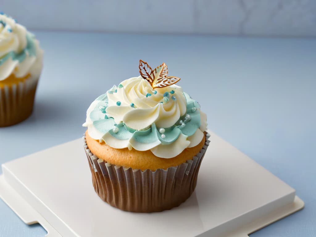  A closeup, ultradetailed image of a delicate, perfectly frosted cupcake with a small, intricate Fair Trade certification logo elegantly displayed on top. The frosting is smooth, gleaming under a soft light, with tiny, precise details like sugar sprinkles and edible pearls meticulously placed on top. The background is a blurred, neutraltoned surface to enhance the minimalistic feel, focusing all attention on the exquisite cupcake and the symbolic certification emblem. hyperrealistic, full body, detailed clothing, highly detailed, cinematic lighting, stunningly beautiful, intricate, sharp focus, f/1. 8, 85mm, (centered image composition), (professionally color graded), ((bright soft diffused light)), volumetric fog, trending on instagram, trending on tumblr, HDR 4K, 8K