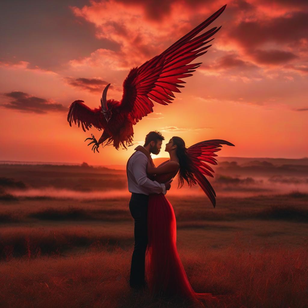  A girl and a man with demonic wings dance on a field, against a backdrop of a crimson sunset, anime style. hyperrealistic, full body, detailed clothing, highly detailed, cinematic lighting, stunningly beautiful, intricate, sharp focus, f/1. 8, 85mm, (centered image composition), (professionally color graded), ((bright soft diffused light)), volumetric fog, trending on instagram, trending on tumblr, HDR 4K, 8K