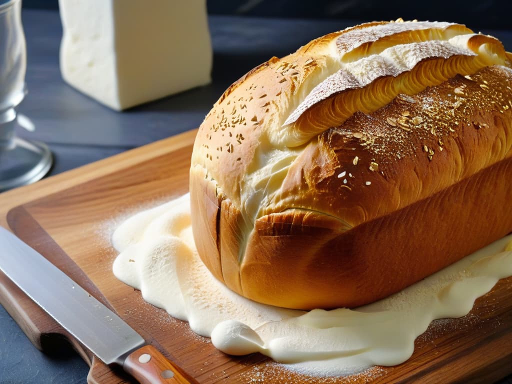  A closeup, ultradetailed image of a perfectly scored loaf of artisan bread with a golden crust, sitting on a rustic wooden cutting board sprinkled with flour crumbs. The intricate patterns of the scoring reveal the inner crumb structure, showcasing the expert craftsmanship in bread making. The warm, golden hues of the crust contrast beautifully with the dark, slightly charred edges, creating a visually stunning and mouthwatering minimalist composition. hyperrealistic, full body, detailed clothing, highly detailed, cinematic lighting, stunningly beautiful, intricate, sharp focus, f/1. 8, 85mm, (centered image composition), (professionally color graded), ((bright soft diffused light)), volumetric fog, trending on instagram, trending on tumblr, HDR 4K, 8K