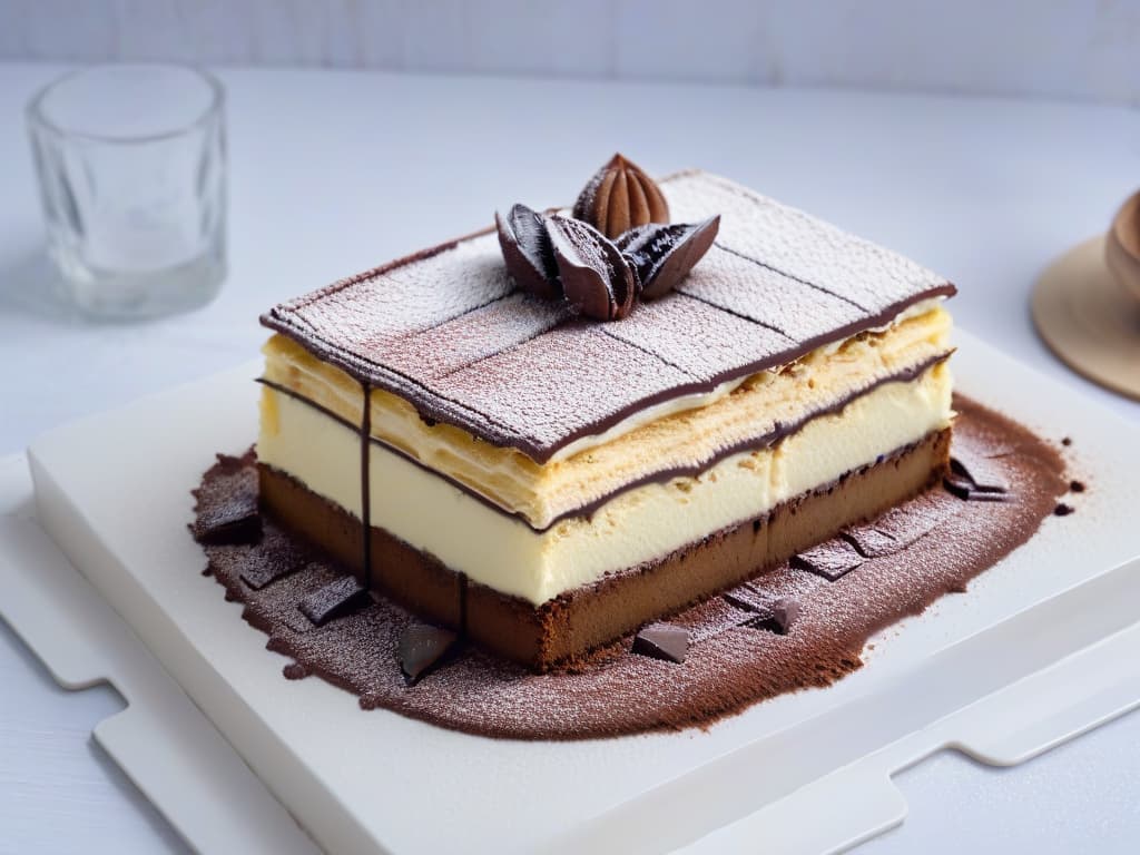  A closeup, ultradetailed image of a delicate slice of tiramisu with layers of espressosoaked ladyfingers, velvety mascarpone cream, and a dusting of rich cocoa powder, resting on a sleek, modern plate against a soft, blurred background that highlights the intricate textures and layers of this classic umamirich dessert. hyperrealistic, full body, detailed clothing, highly detailed, cinematic lighting, stunningly beautiful, intricate, sharp focus, f/1. 8, 85mm, (centered image composition), (professionally color graded), ((bright soft diffused light)), volumetric fog, trending on instagram, trending on tumblr, HDR 4K, 8K