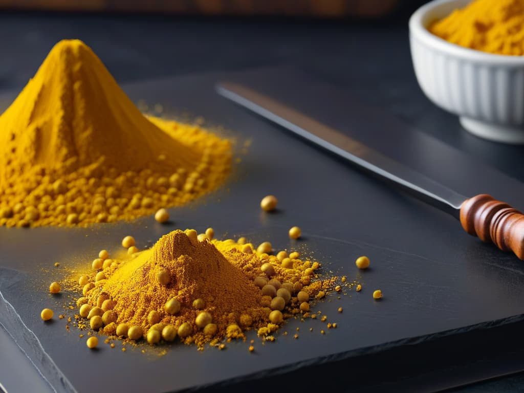  A closeup, ultradetailed image of a golden turmeric root being finely grated, with the vibrant yellow powder cascading elegantly onto a sleek, black granite countertop. The fine details of the root fibers, the vivid color of the powder, and the contrasting textures of the root and the countertop are highlighted in stunning clarity, creating a visually captivating and minimalistic composition that embodies the essence of incorporating turmeric into sweet recipes. hyperrealistic, full body, detailed clothing, highly detailed, cinematic lighting, stunningly beautiful, intricate, sharp focus, f/1. 8, 85mm, (centered image composition), (professionally color graded), ((bright soft diffused light)), volumetric fog, trending on instagram, trending on tumblr, HDR 4K, 8K