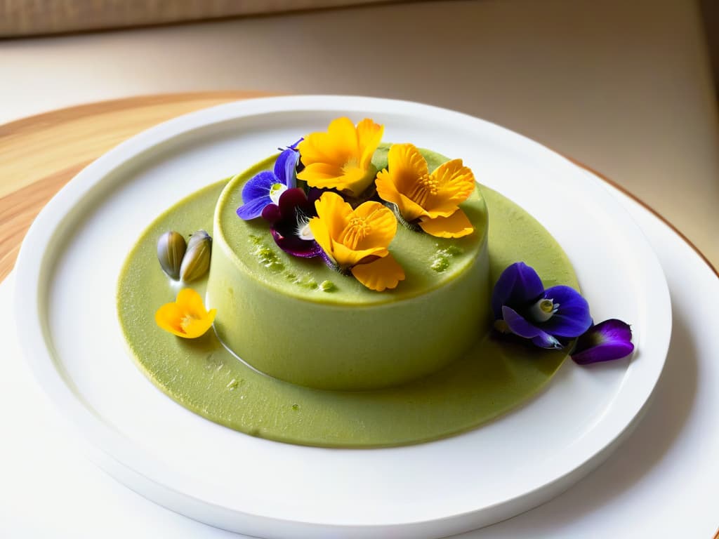  A highresolution, minimalist image of a beautifully crafted dessert that combines traditional Latin American and Asian ingredients, such as a delicate matcha green tea flan topped with caramelized plantains and garnished with edible flowers. The dessert is elegantly presented on a simple white plate, showcasing the vibrant colors and intricate textures of the fusion dish. The image captures the perfect balance between the two culinary worlds, inviting the viewer to explore the unique flavors and cultural influences of LatinoAsian fusion desserts. hyperrealistic, full body, detailed clothing, highly detailed, cinematic lighting, stunningly beautiful, intricate, sharp focus, f/1. 8, 85mm, (centered image composition), (professionally color graded), ((bright soft diffused light)), volumetric fog, trending on instagram, trending on tumblr, HDR 4K, 8K