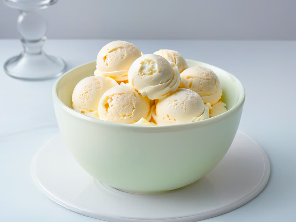  A closeup, ultradetailed image of a scoop of creamy, perfectly smooth homemade ice cream resting on a sleek, minimalist glass bowl. The ice cream is a soft pastel hue, with tiny flecks of vanilla beans visible throughout. Soft ambient lighting gently highlights the smooth surface of the scoop, showcasing its velvety texture. The glass bowl reflects a subtle, elegant pattern of light, adding a touch of sophistication to the overall composition. hyperrealistic, full body, detailed clothing, highly detailed, cinematic lighting, stunningly beautiful, intricate, sharp focus, f/1. 8, 85mm, (centered image composition), (professionally color graded), ((bright soft diffused light)), volumetric fog, trending on instagram, trending on tumblr, HDR 4K, 8K