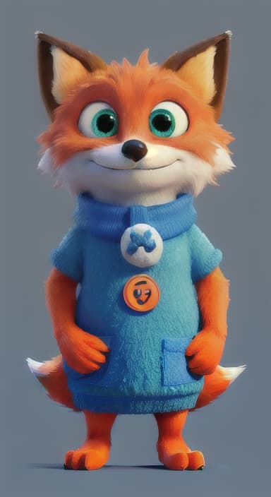  {Error the fox pressing the blue button with his paw, looking puzzled as nothing occurs., Error is a small, bright orange fox with a fluffy tail and big, inquisitive eyes. He has a mischievous yet kind expression and wears a tiny green scarf.